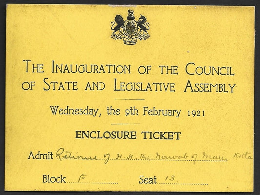 1921 Duke of Connaught INDIA VISIT Inaug of Legislative Assembly crested pass