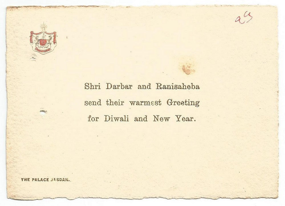 India 1938 crested Diwali Greeting card from the Chief & Rani of Jasdan