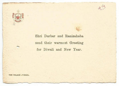 India 1938 crested Diwali Greeting card from the Chief & Rani of Jasdan