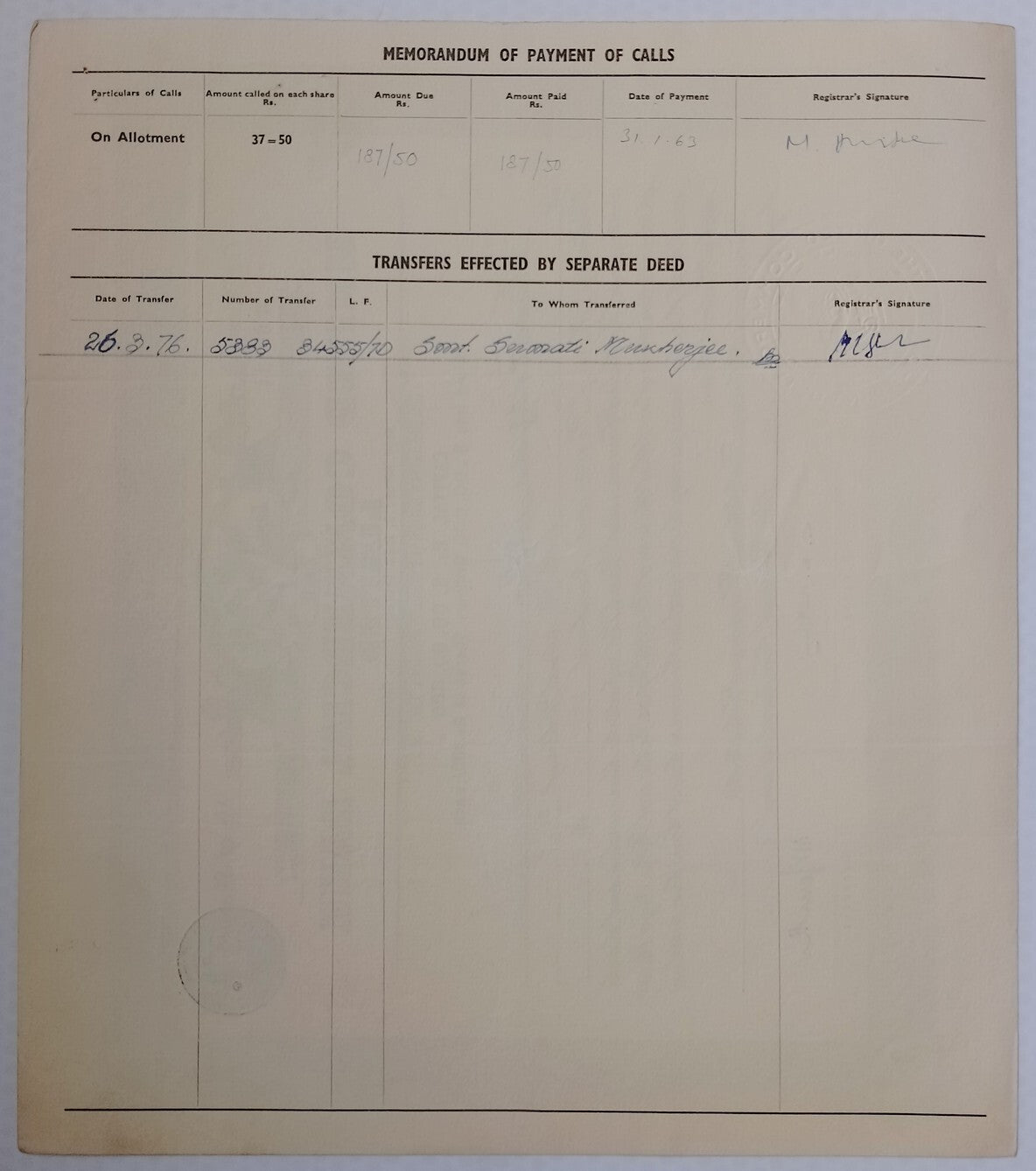 (AOP) India share certificate - 1963 United Commercial Bank