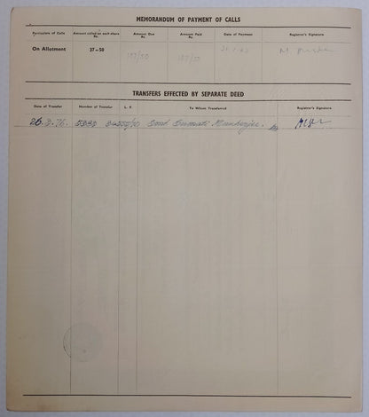 (AOP) India share certificate - 1963 United Commercial Bank
