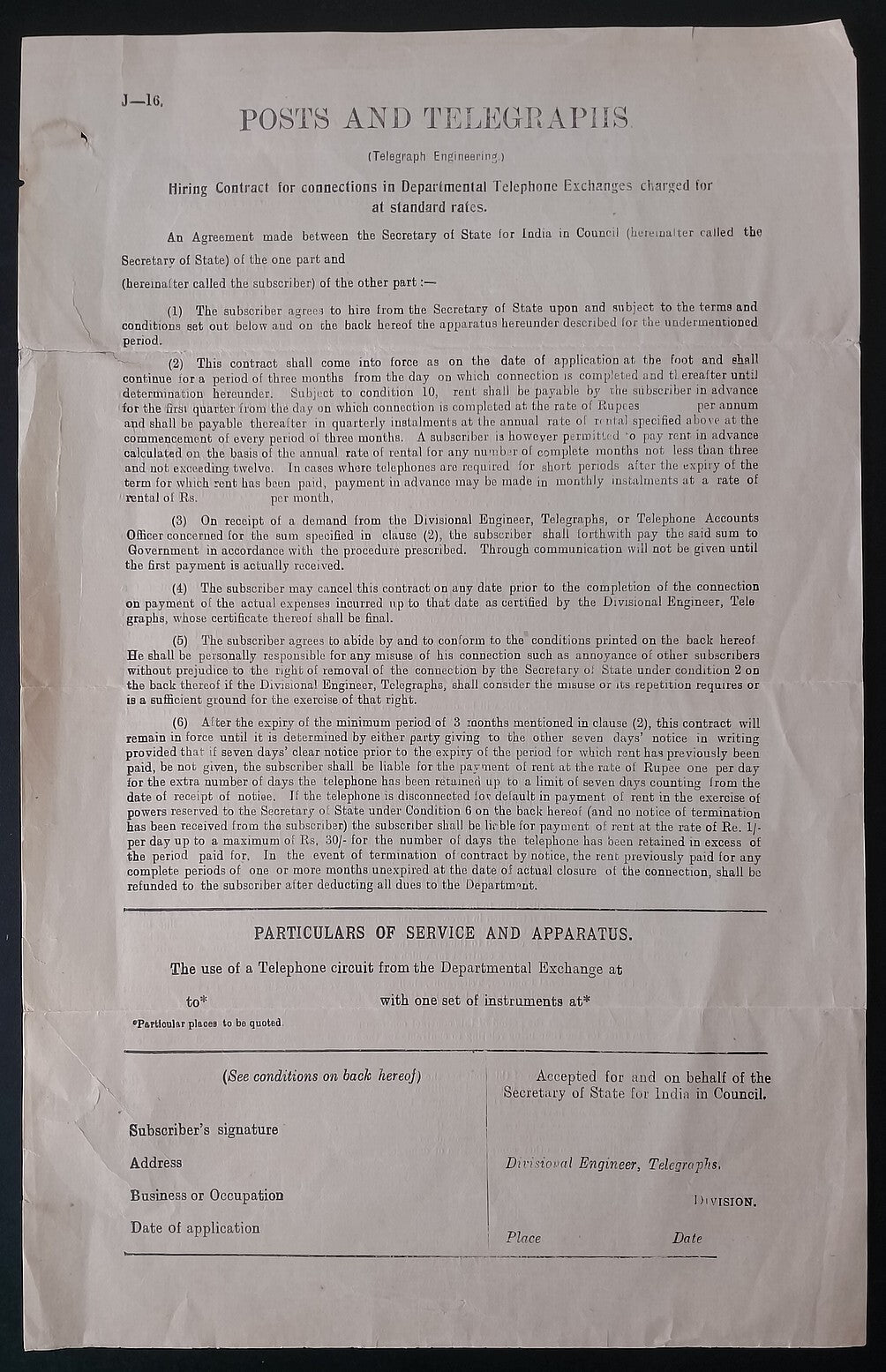 AOP India 1927 Posts & Telegraphs form for Telephone Circuits