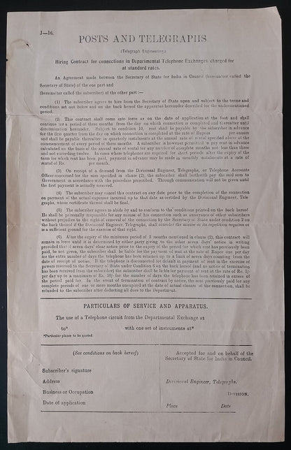 AOP India 1927 Posts & Telegraphs form for Telephone Circuits