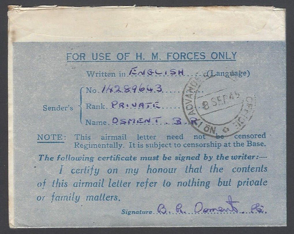 AOP India WW2 IAFF  BLUE TRIANGLE air letter with GG/2 censor to UK