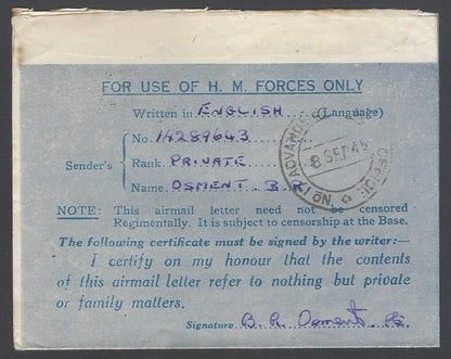 AOP India WW2 IAFF  BLUE TRIANGLE air letter with GG/2 censor to UK