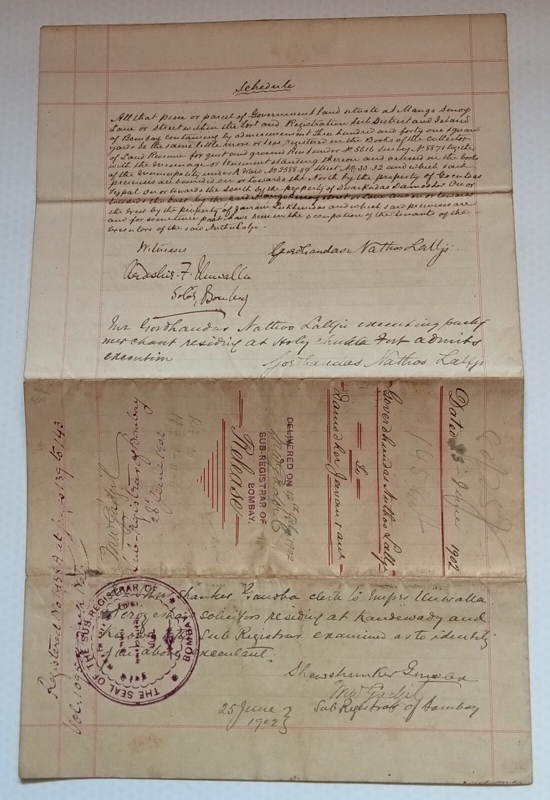 AOP India QV Queen Victoria 1868 Special Adhesive 5R on 1902 indenture 4 pgs
