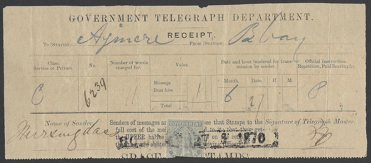 India May 1869 telegraph receipt with QV telegraph stamps 1R Die 2 early use
