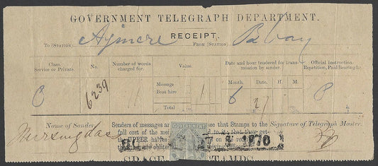 India May 1869 telegraph receipt with QV telegraph stamps 1R Die 2 early use