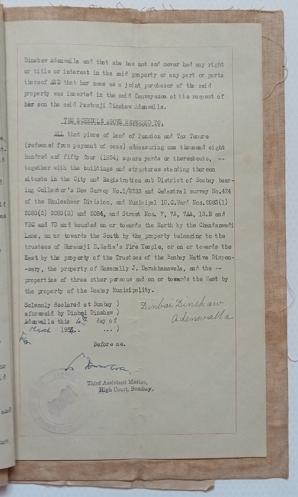 AOP India 1951 Indenture with KGVI 3R Special Adhesive (revenue) & 1R Court Fee