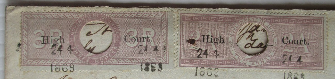 India QV 1869 HIGH COURT 2a & 3R lilac on 1869 document