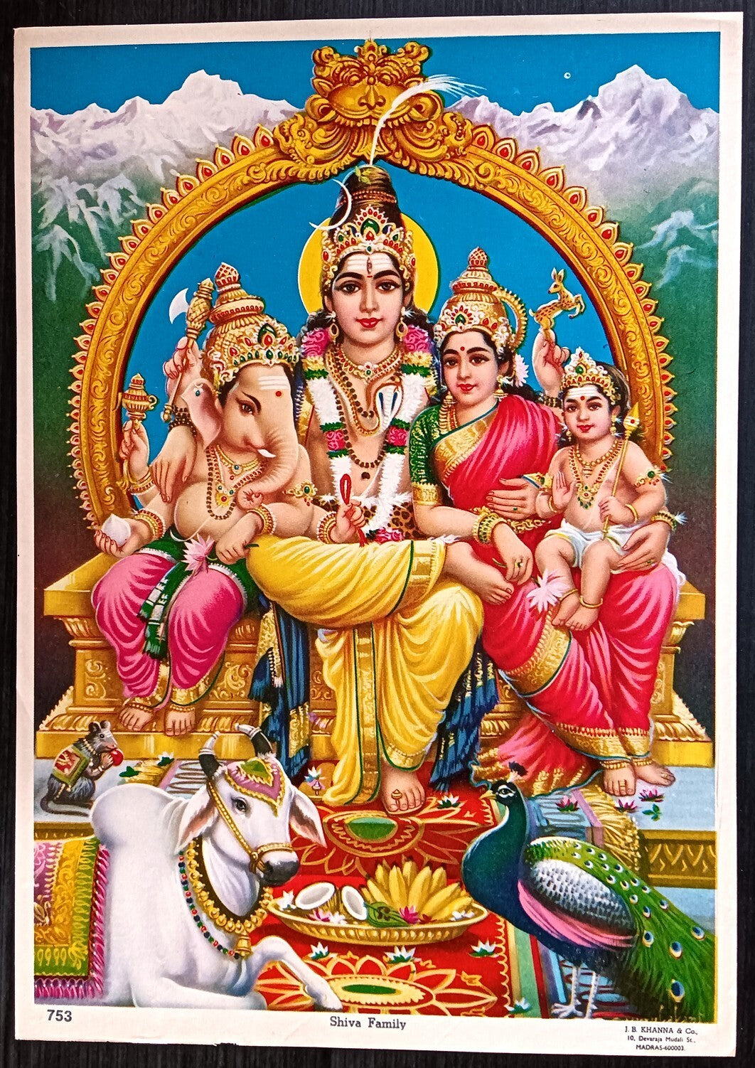 India vintage Hindu Gods poster Shiva & Family 9.5"x13.5" inches by J B Khanna