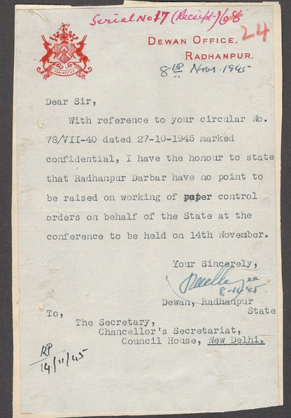 India 1945 crested letter DEWAN OFFICE / RADHANPUR signed