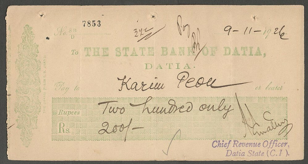 AOP India 1926 check cheque The state Bank of Datia