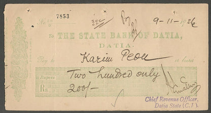 AOP India 1926 check cheque The state Bank of Datia