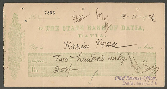 AOP India 1926 check cheque The state Bank of Datia