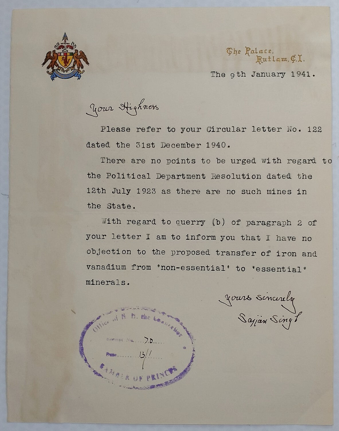 Ratlam State India 1941 multicolour crested letter signed Maharaja Sajjan Singh