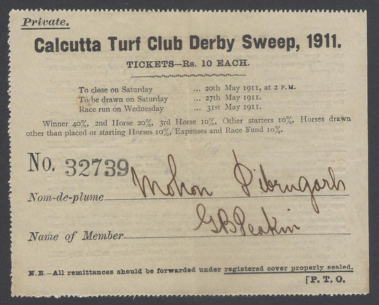 AOP India 1911 Calcutta Turf Club Derby Sweep, Ticket Rs.10 