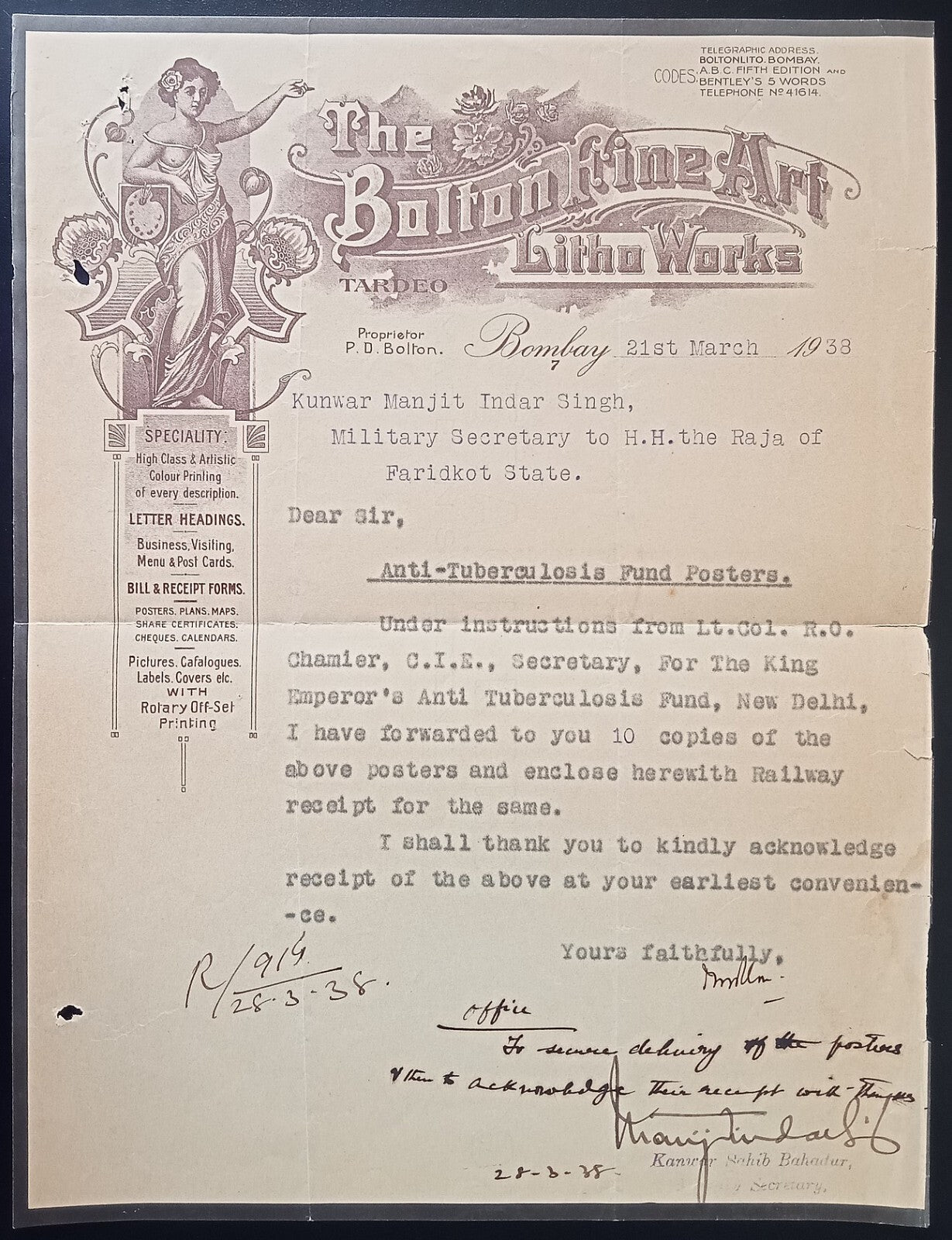 Bolton Fine Art Litha Works 1938 pictorial advertisement letterhead Bombay India