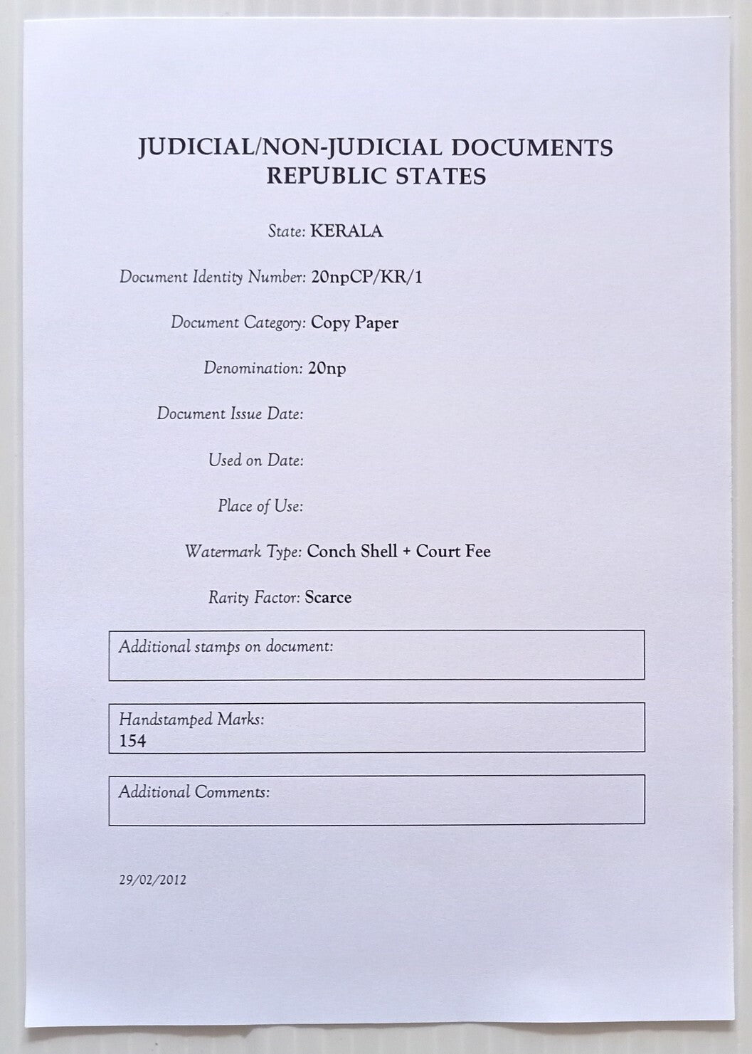 AOP India Kerala State 20np yellow green Copy stamp paper