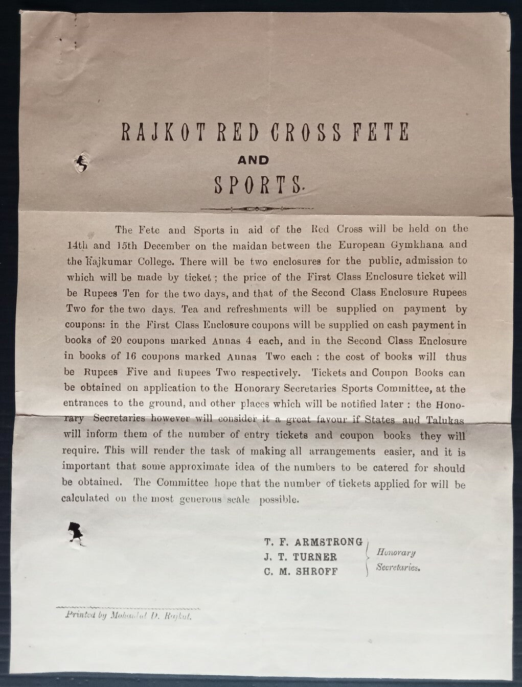 AOP India 1922 Red Cross Fete & Sports, Rajkot circular