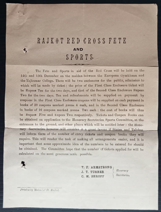 AOP India 1922 Red Cross Fete & Sports, Rajkot circular