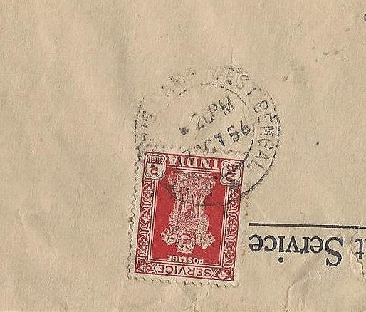 India 1956 cover canc GOVERNOR’S CAMP WEST BENGAL & initialed by the Governor