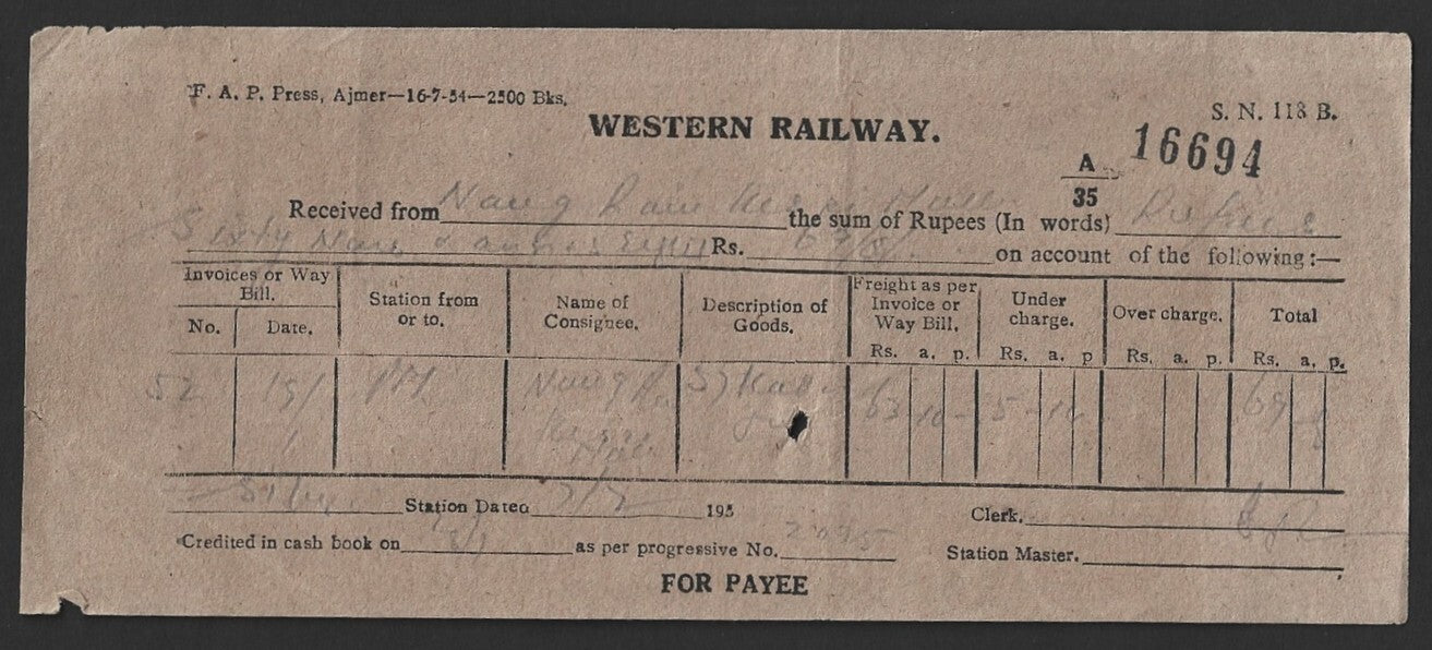 India 1934 WESTERN RAILWAY freight receipt