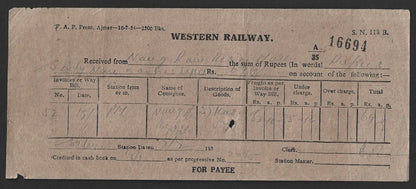 India 1934 WESTERN RAILWAY freight receipt