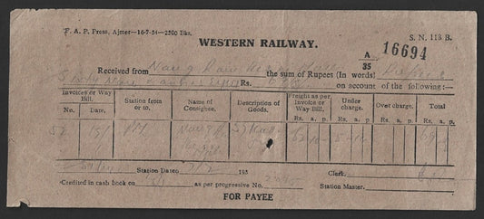 India 1934 WESTERN RAILWAY freight receipt