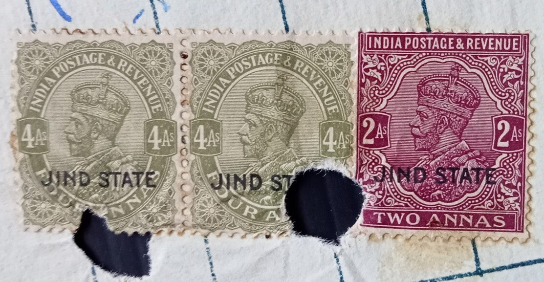 India JIND State KGV POSTAGE 4a x 2 & 8a on 13R blue double sized stamp paper