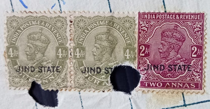 India JIND State KGV POSTAGE 4a x 2 & 8a on 13R blue double sized stamp paper