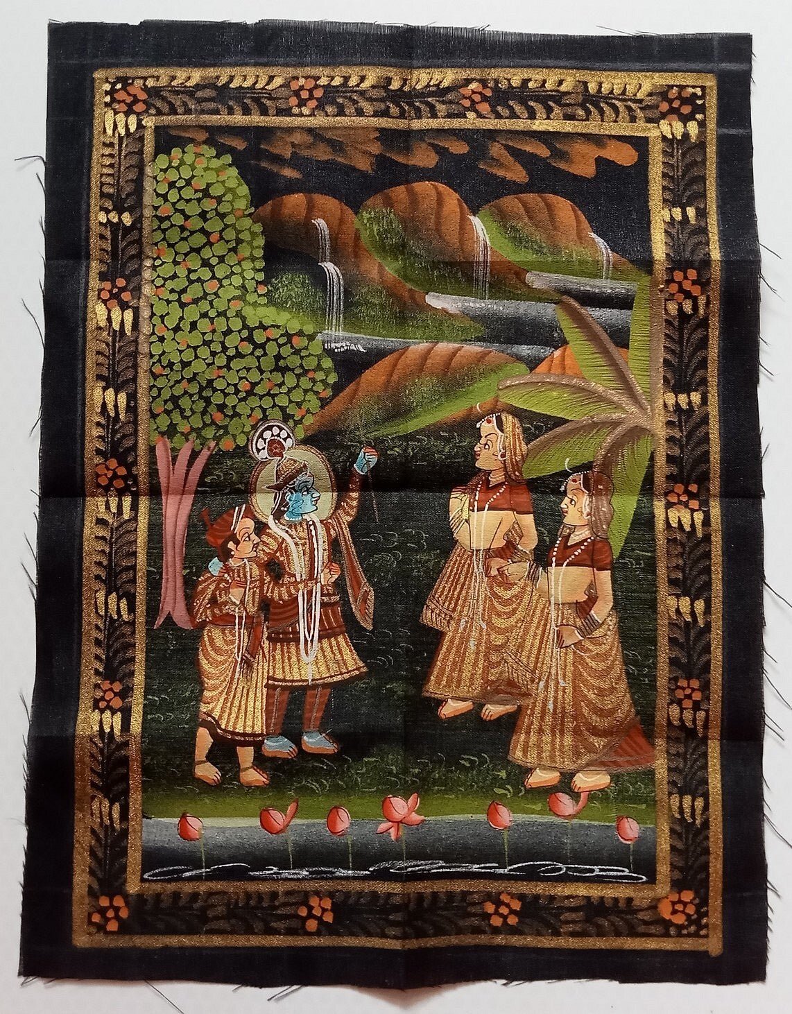 India vintage hand painting on cloth LORD KRISHNA & 2 GOPIS 9 x 12 inches