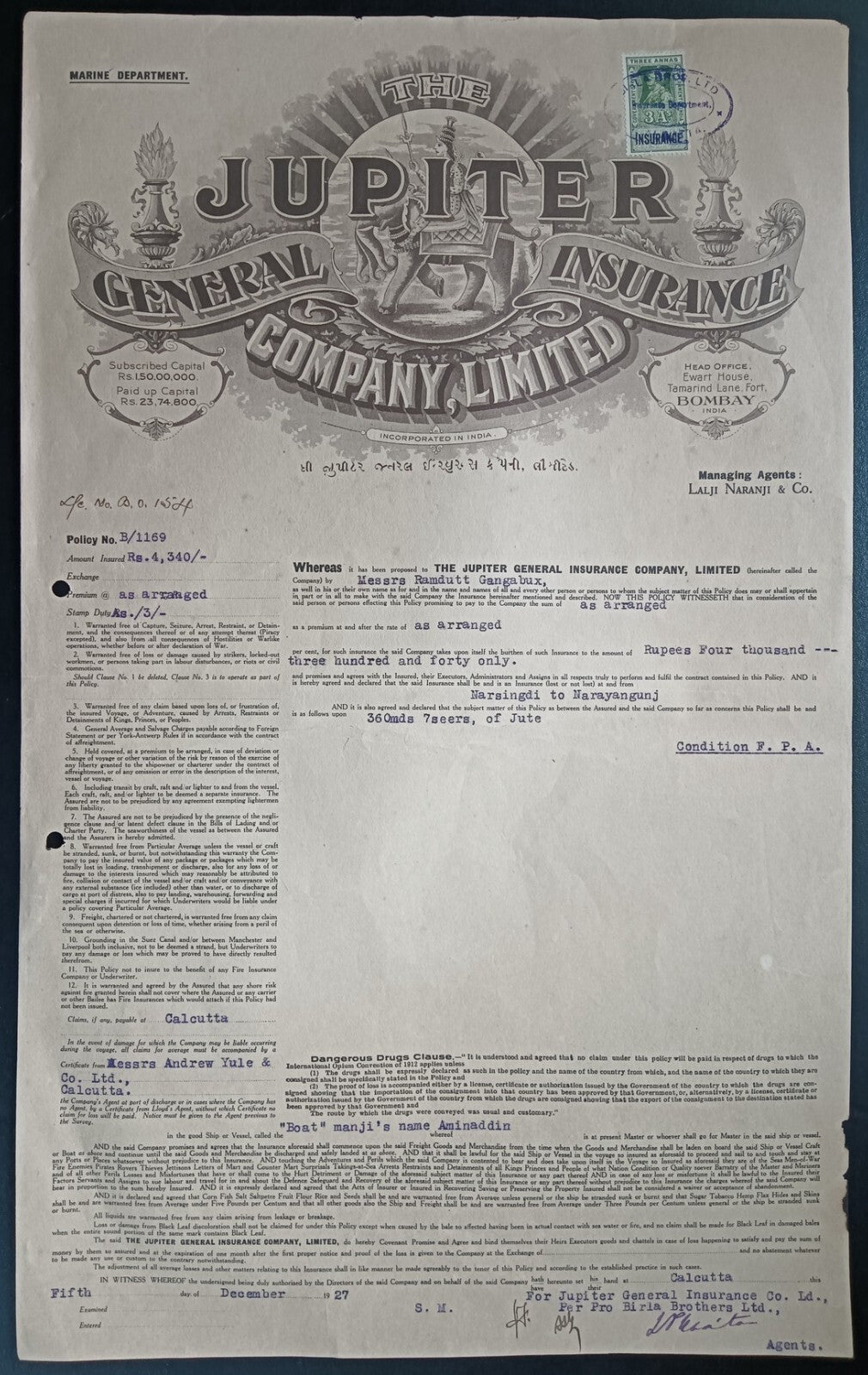 India JUPITER GENERAL INSURANCE COMPANY 1927
