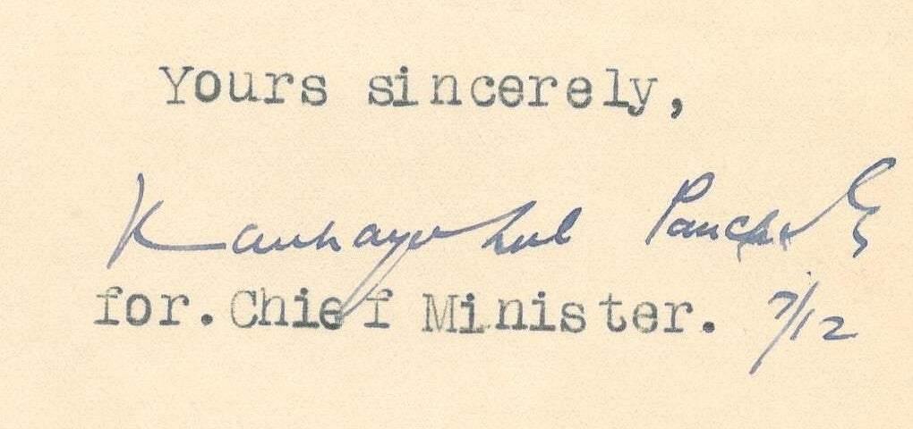 India 1945 crested letter CHIEF MINISTER / REWA STATE signed