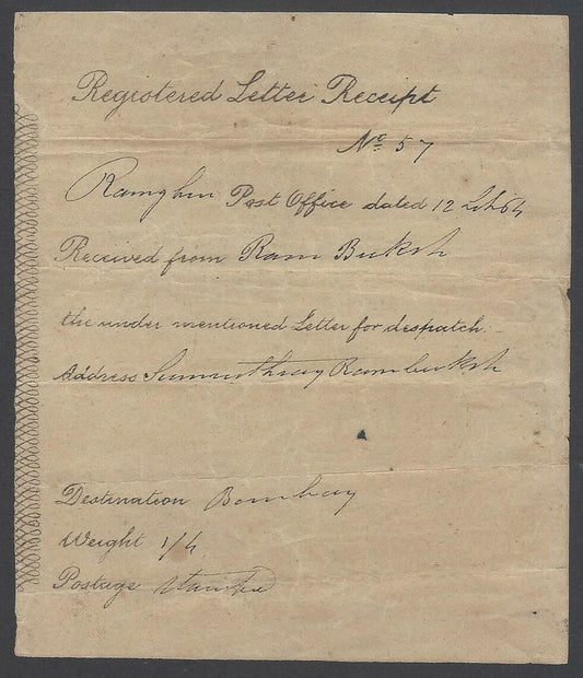 AOPIMT India 1864 Registered Letter Receipt Bombay 