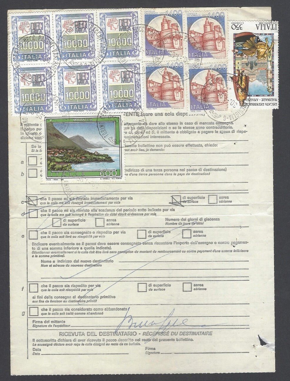 AOP Italy parcel card to India