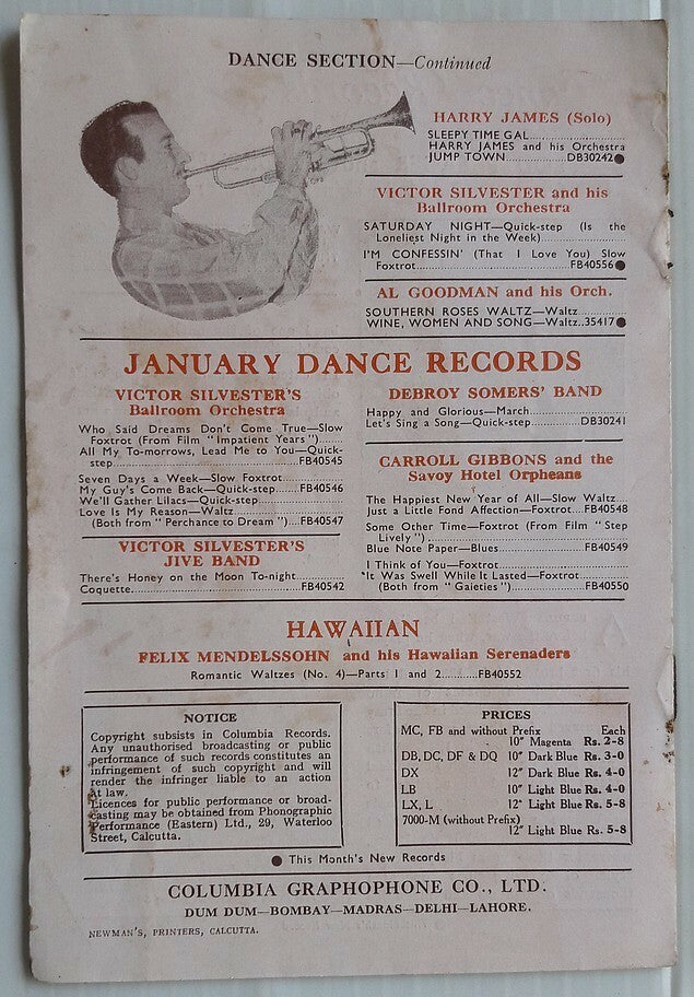 India Columbia Records February 1946 booklet 78rpm new records incl. 1945