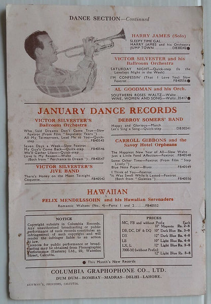 India Columbia Records February 1946 booklet 78rpm new records incl. 1945