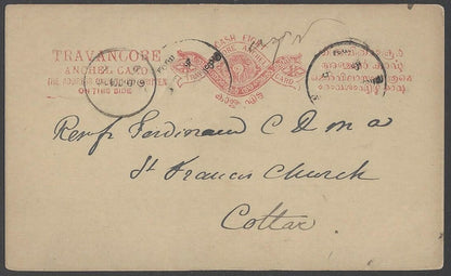 AOPIMT India Travancore State 1888 8ca red postal card used