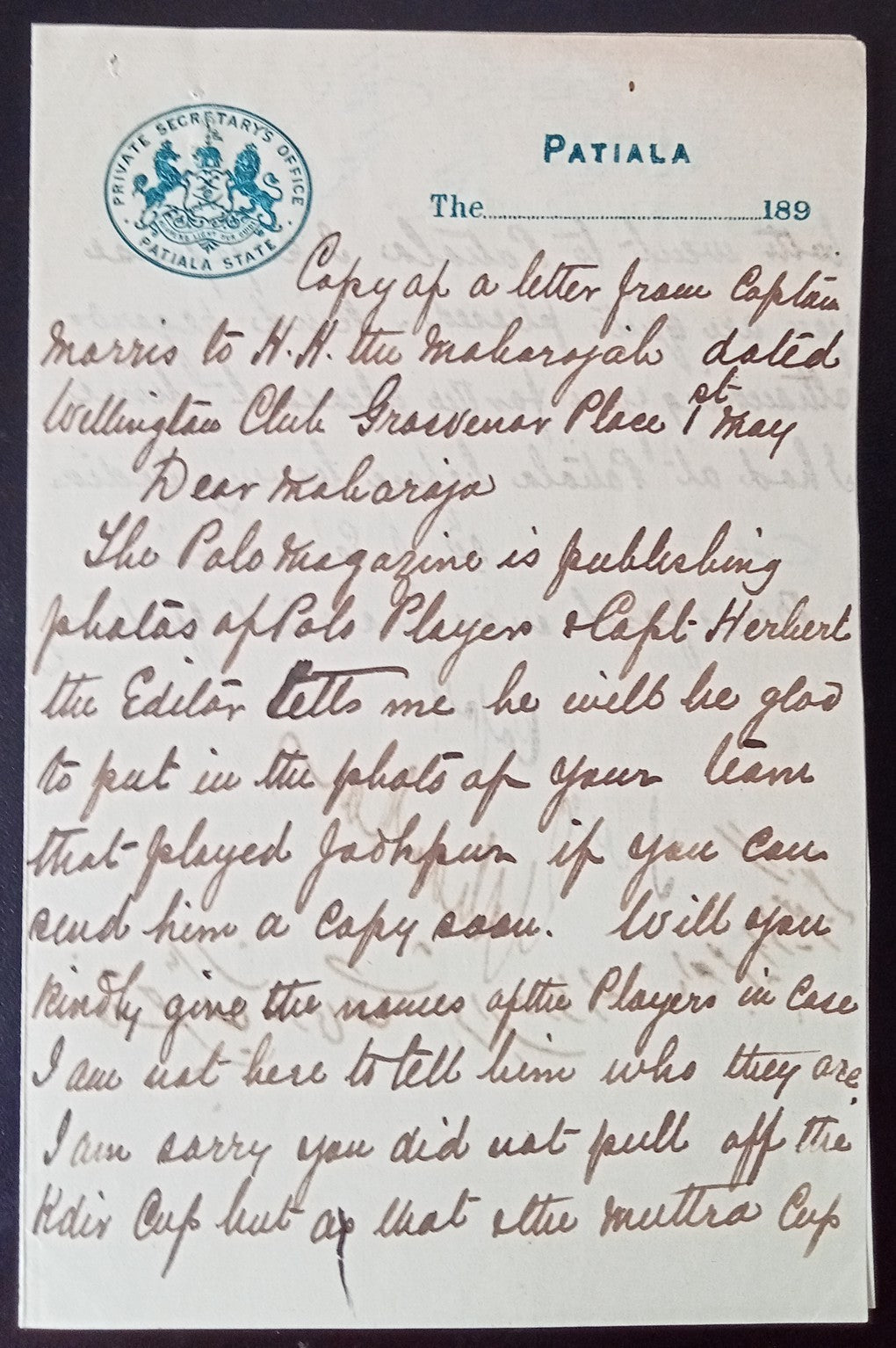 India 1890s crested letter PRIVATE SECRETARY'S OFFICE PATALA STATE re: Polo