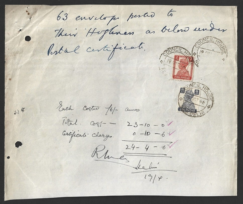 India KGVI 1946 Certificate of Posting for 63 letters canc. COUNCIL HOUSE * NEW