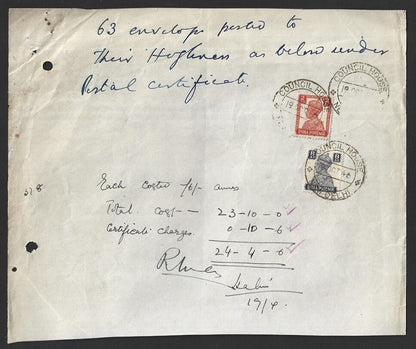 India KGVI 1946 Certificate of Posting for 63 letters canc. COUNCIL HOUSE * NEW