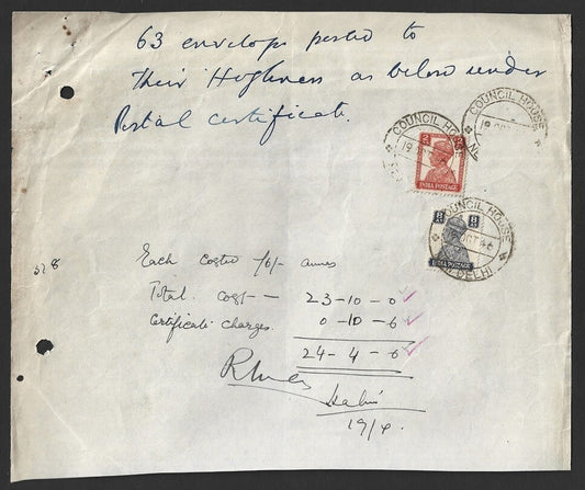 India KGVI 1946 Certificate of Posting for 63 letters canc. COUNCIL HOUSE * NEW