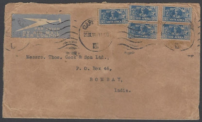 AOP South Africa 1943 bantams 3d pairs & a single on cover to India