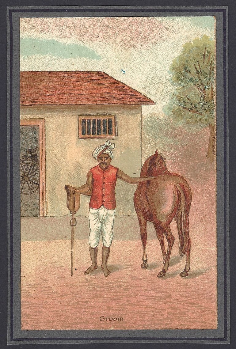 India mounted pre-1900 colour litho card GROOM – HORSE CARER