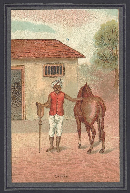 India mounted pre-1900 colour litho card GROOM – HORSE CARER