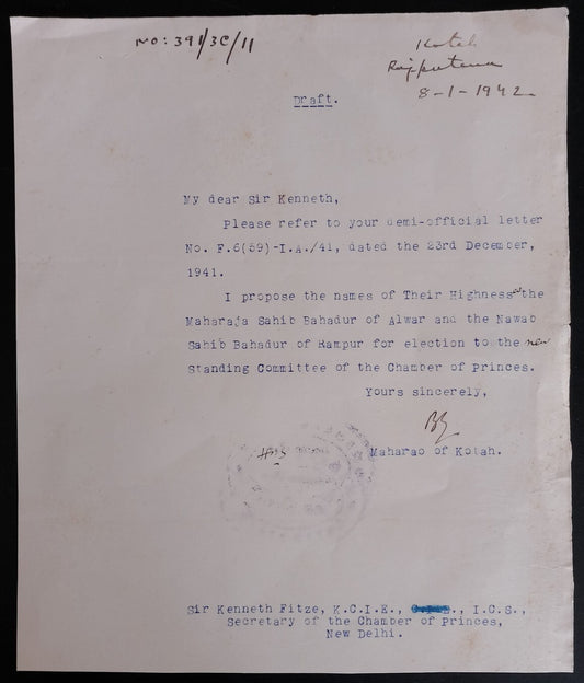 AOP India 1942 letter initialled by the Maharaja of Kotah