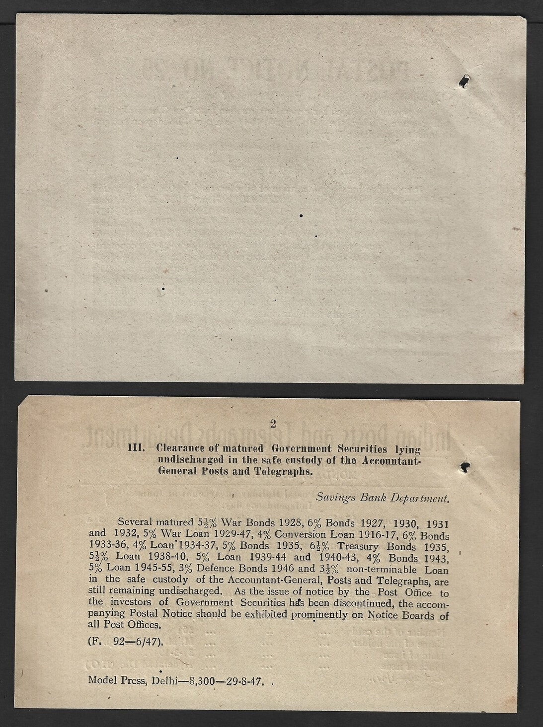 India POSTAL NOTICE #29 25th Aug 1947 Postal Holiday 15th August 1947 + CIRCULAR