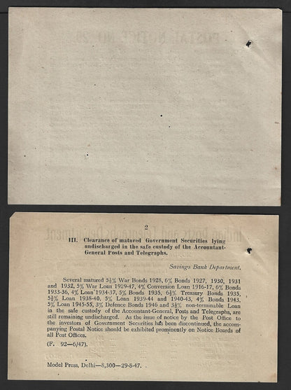India POSTAL NOTICE #29 25th Aug 1947 Postal Holiday 15th August 1947 + CIRCULAR