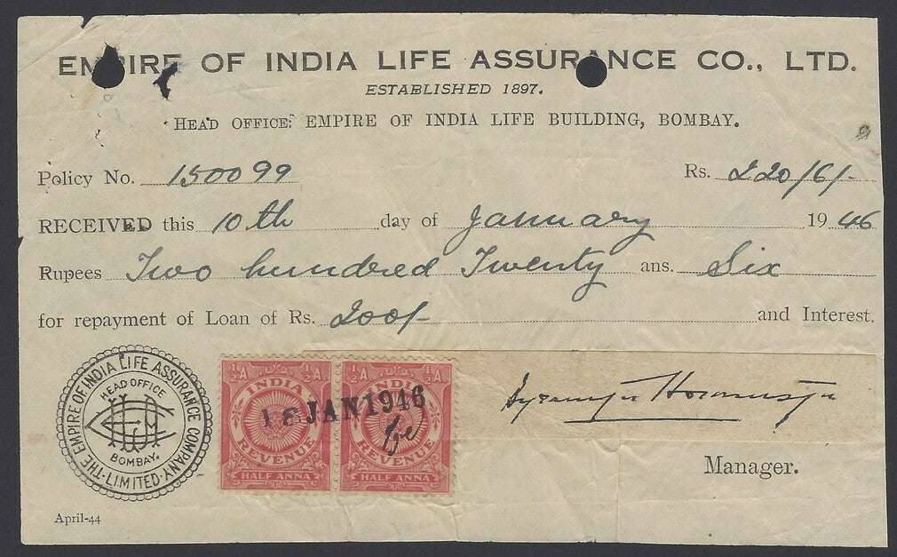 India 1934 revenue 1/2a x 2 on 1946 insurance receipt